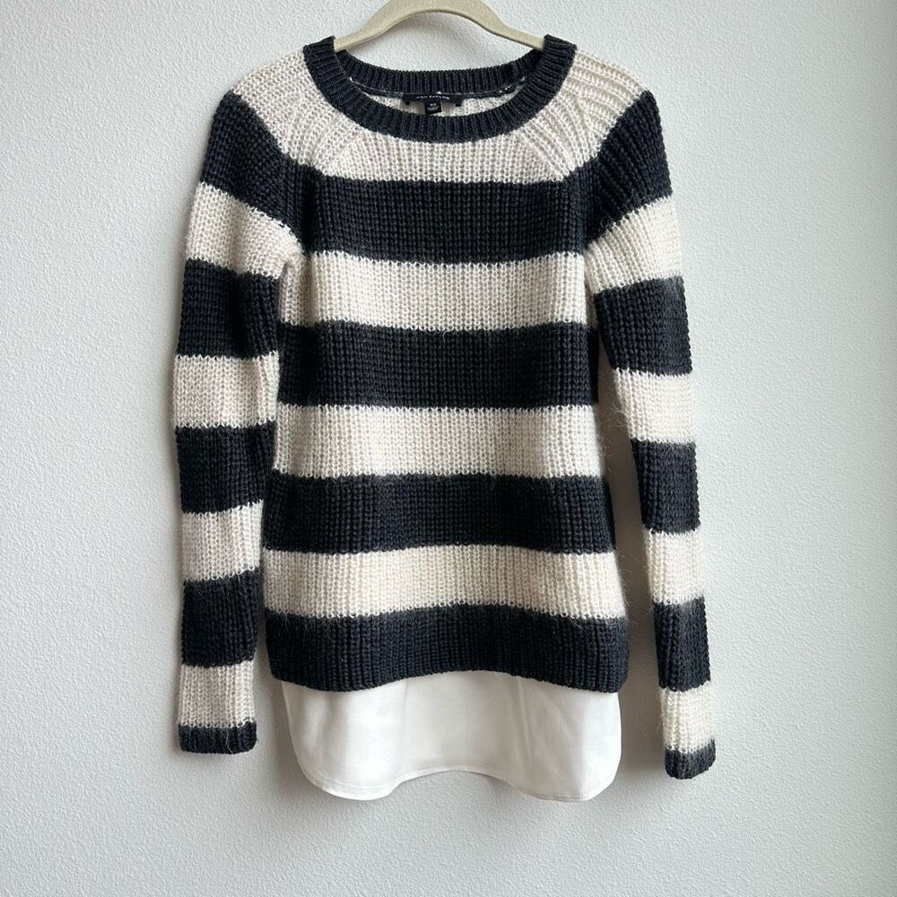 Ann Taylor Large Stripe Split Hem Layer Wool Blend Cream Sweater Oversize XS
